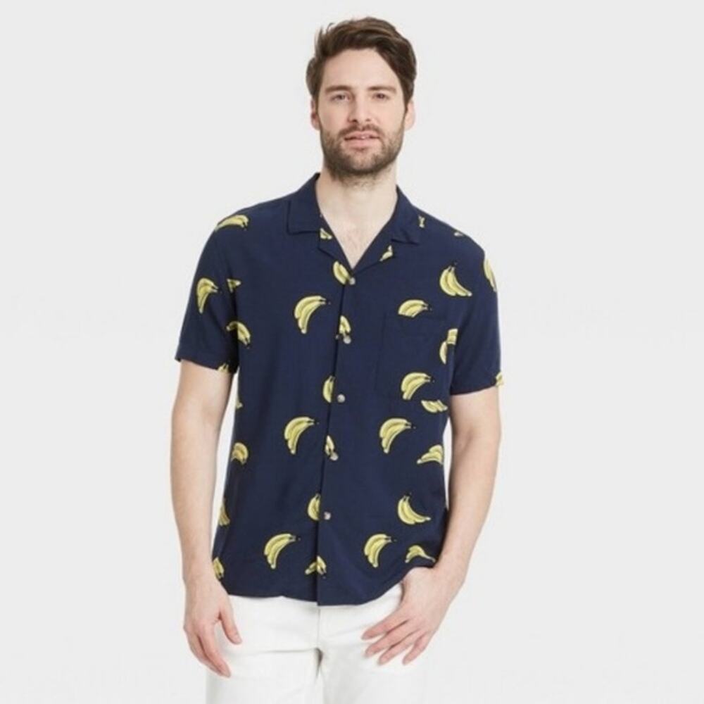 NWOT GOODFELLOW & CO Shirt S Slim Banana Yellow Navy Short Sleeve Button Up